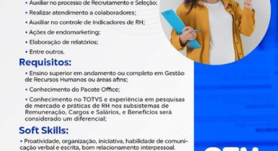 Vagas para Auxiliar de RH e Técnico em Segurança do Trabalho